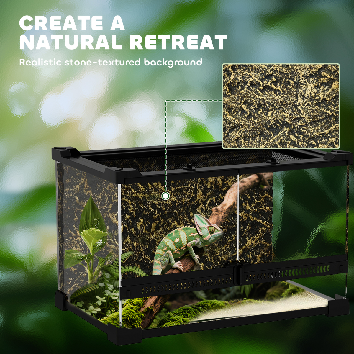 PawHut 10L Glass Terrarium, Reptile Vivarium with Stone Background