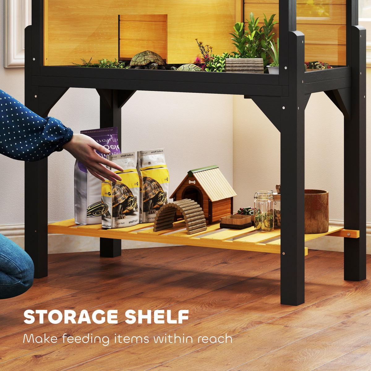 PawHut Wooden Tortoise House with Storage Shelf, Clear Observation Windows