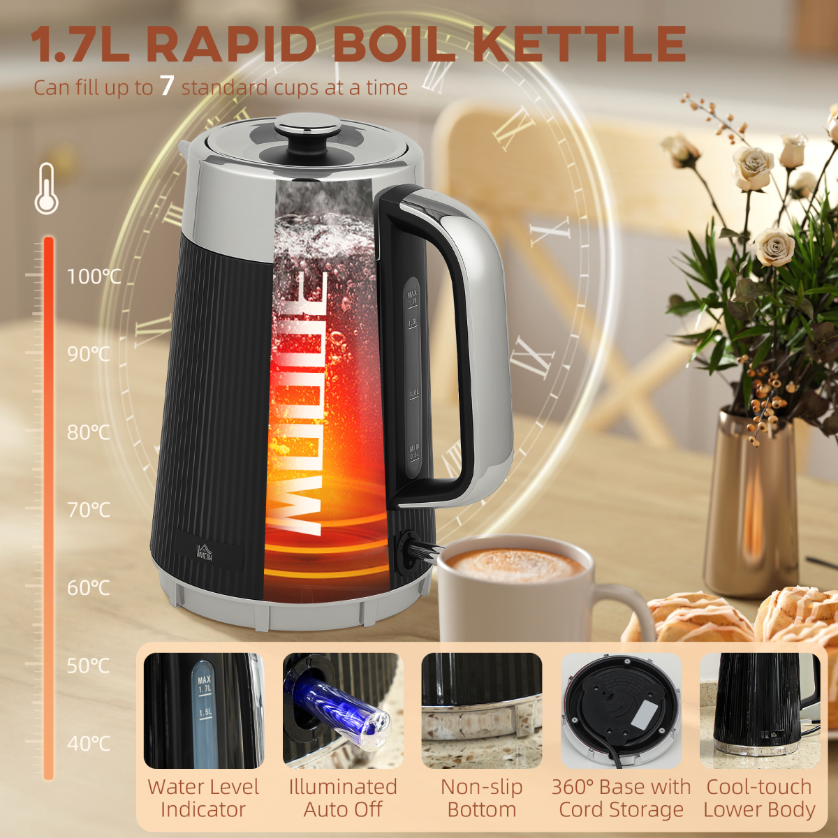 HOMCOM 1.7L 3000W Rapid Boil Kettle and 4 Slice Toaster Set Crumb Tray Black
