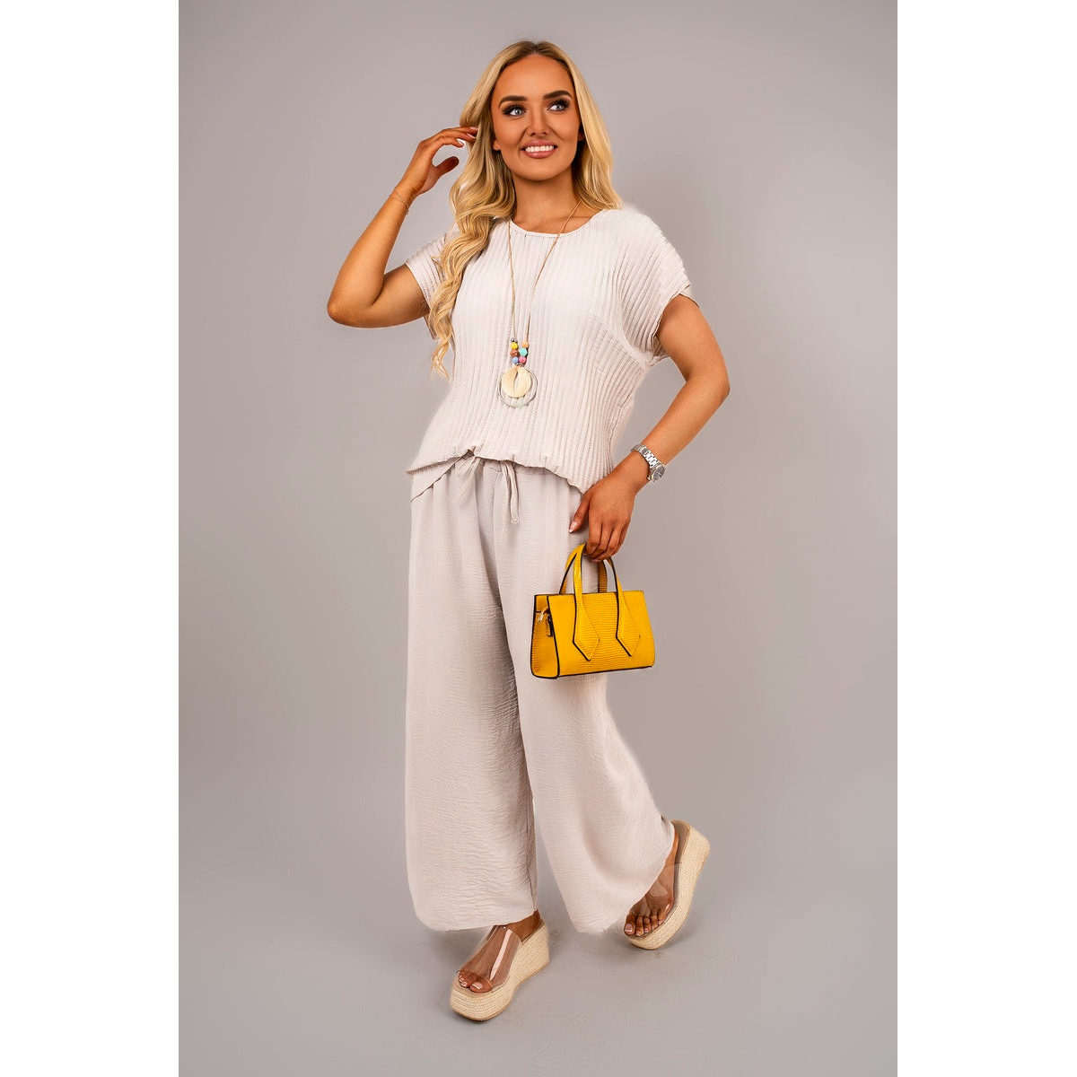 Ribbed Short Sleeve Top and Wide Leg Trouser Co-ord Set