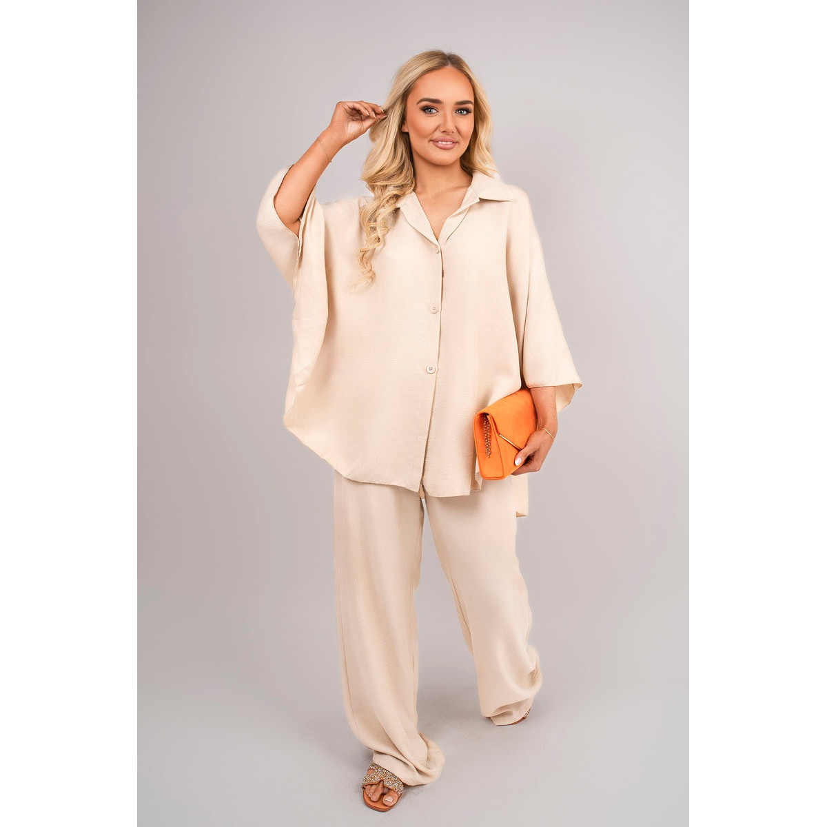 Button Down Long Sleeve Shirt and Wide Leg Trousers Co-ord Set