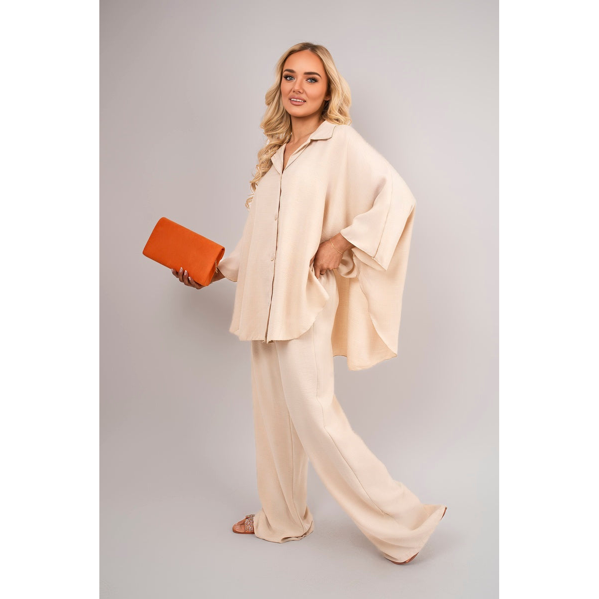 Button Down Long Sleeve Shirt and Wide Leg Trousers Co-ord Set