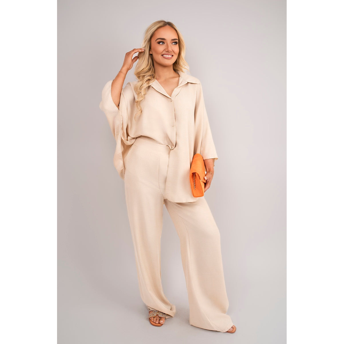 Button Down Long Sleeve Shirt and Wide Leg Trousers Co-ord Set