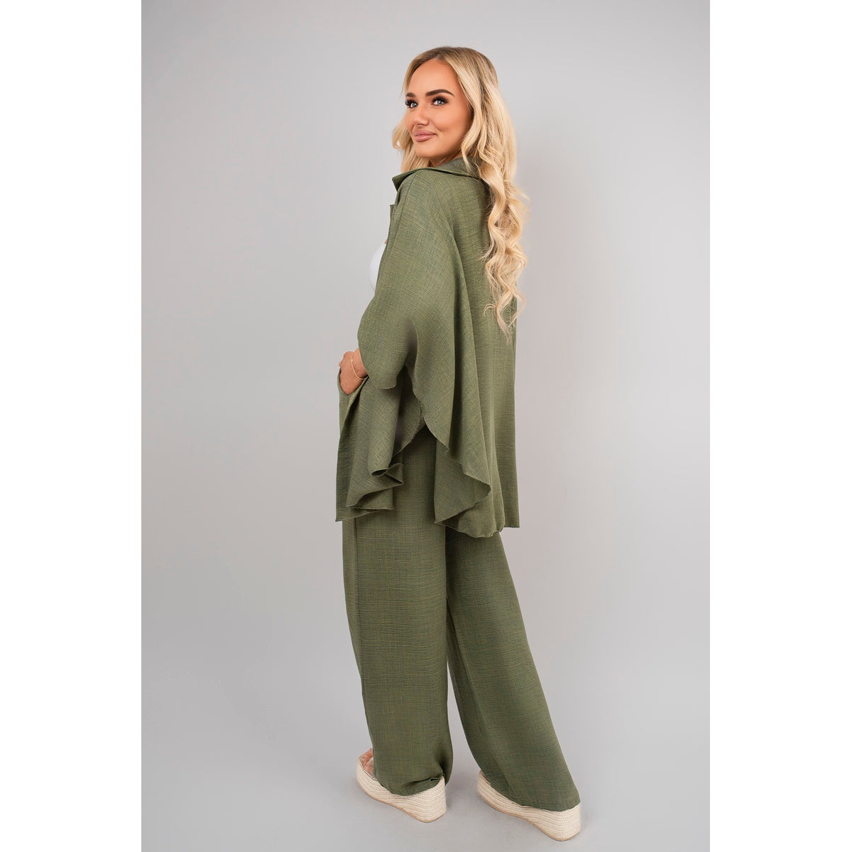 Button Down Long Sleeve Shirt and Wide Leg Trousers Co-ord Set