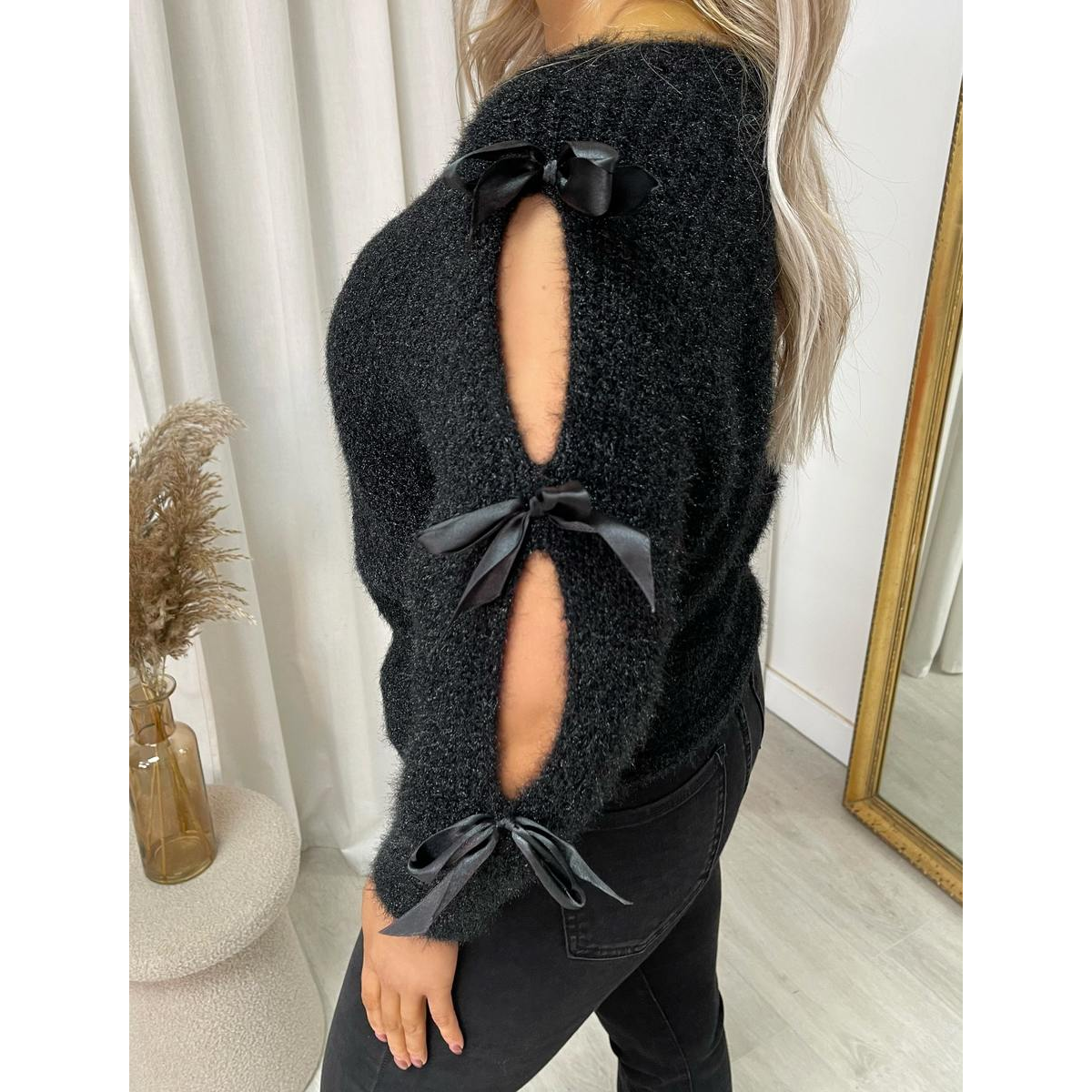Cut Out Tie Bow Sleeve Detail Chunky Knitted Top