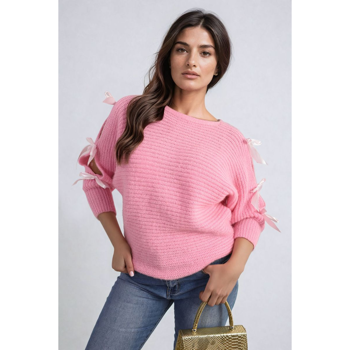 Cut Out Tie Bow Sleeve Detail Chunky Knitted Top