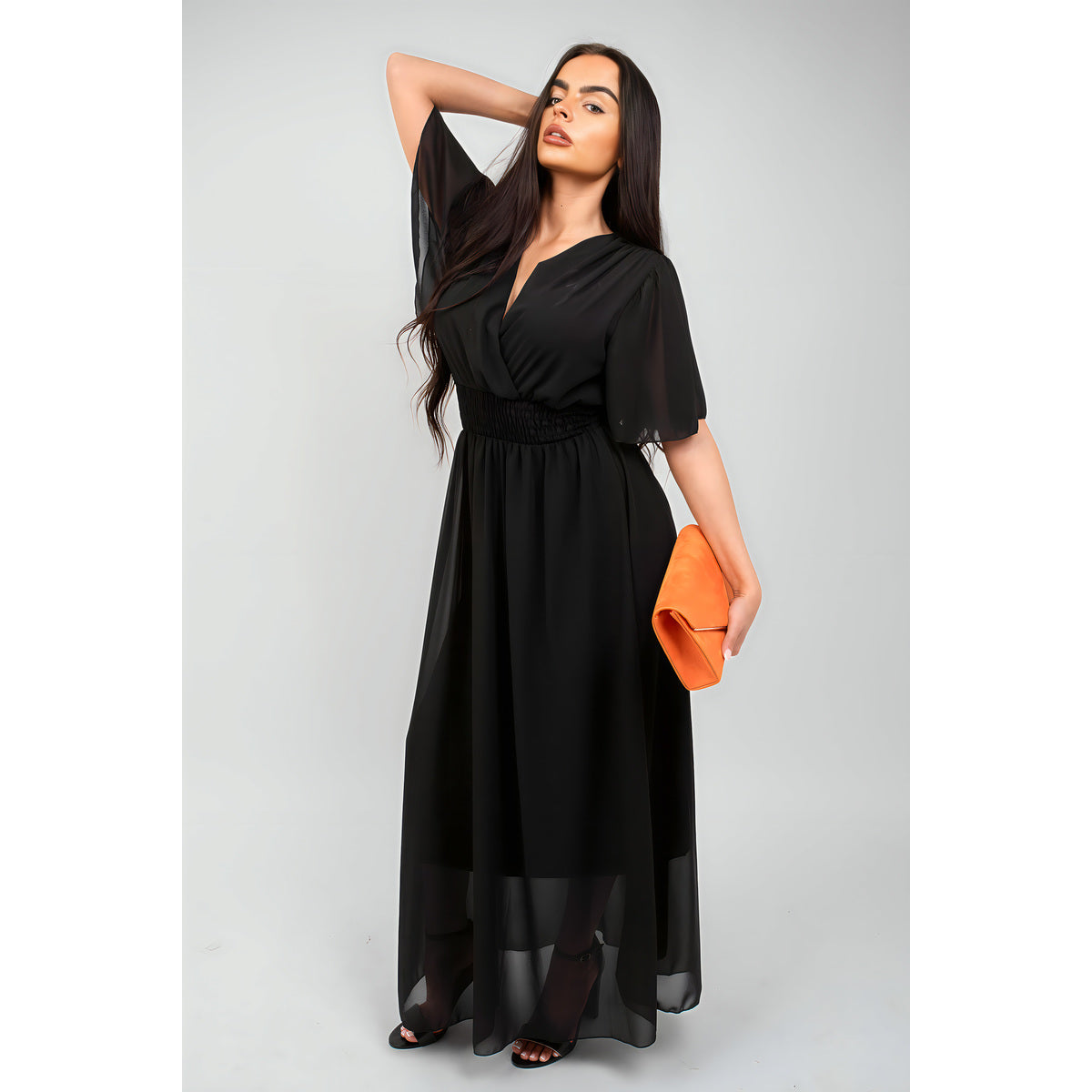 Smocked Waist V Neck Short Sleeve Flowy Maxi Dress