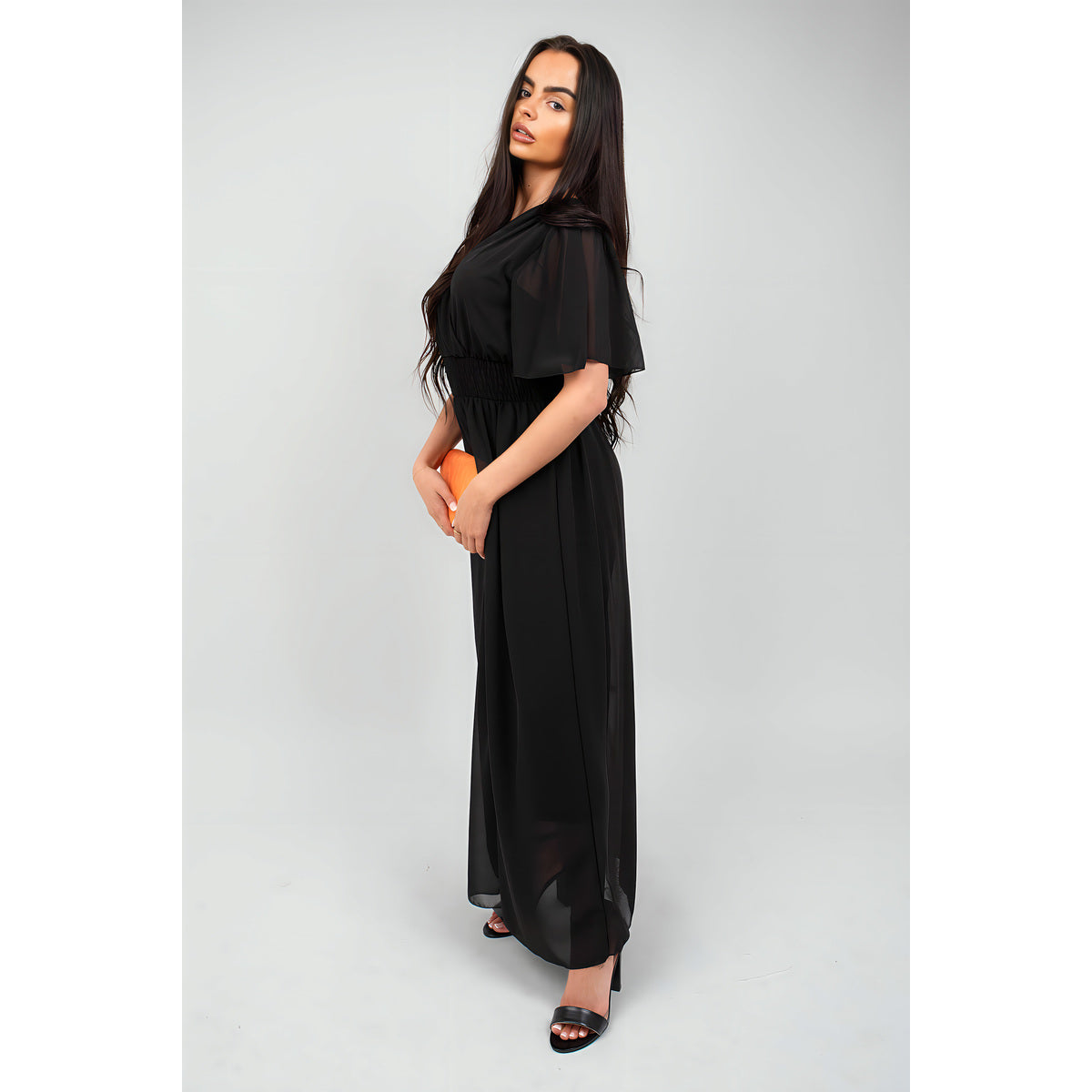 Smocked Waist V Neck Short Sleeve Flowy Maxi Dress
