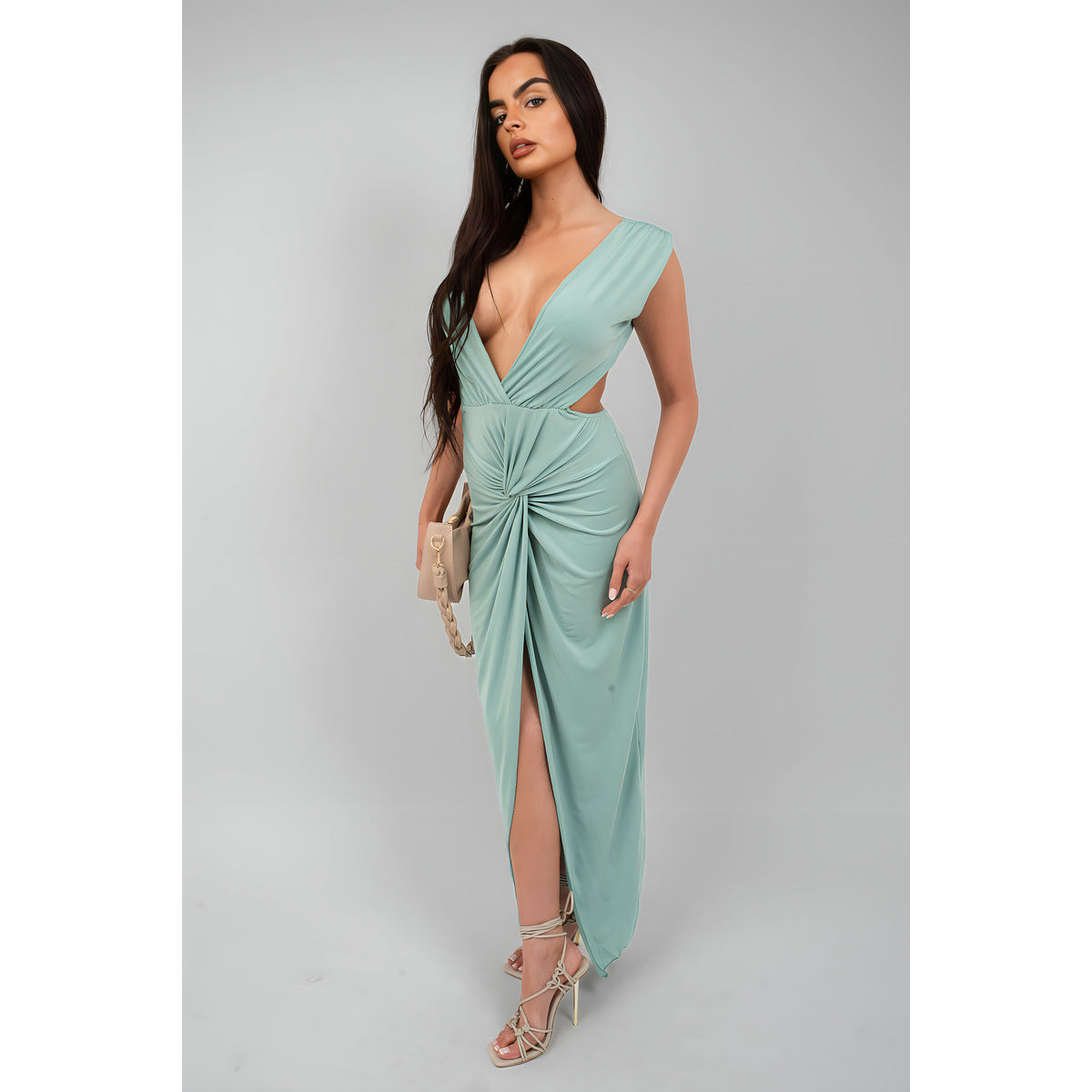 Ruched Backless V Slit Women Bodycon Maxi Dress