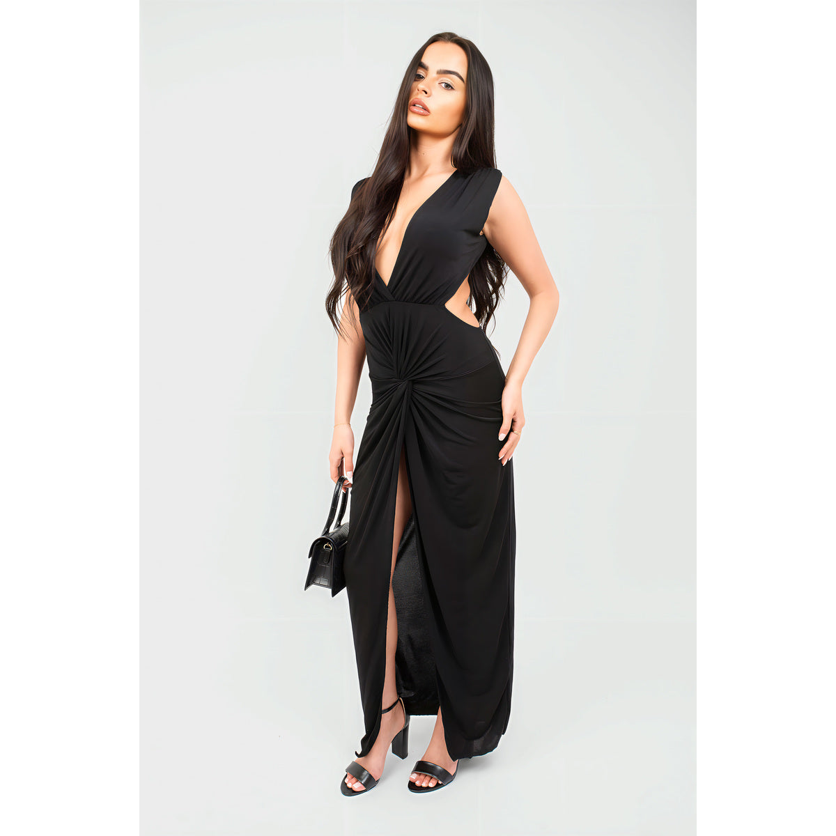 Ruched Backless V Slit Women Bodycon Maxi Dress