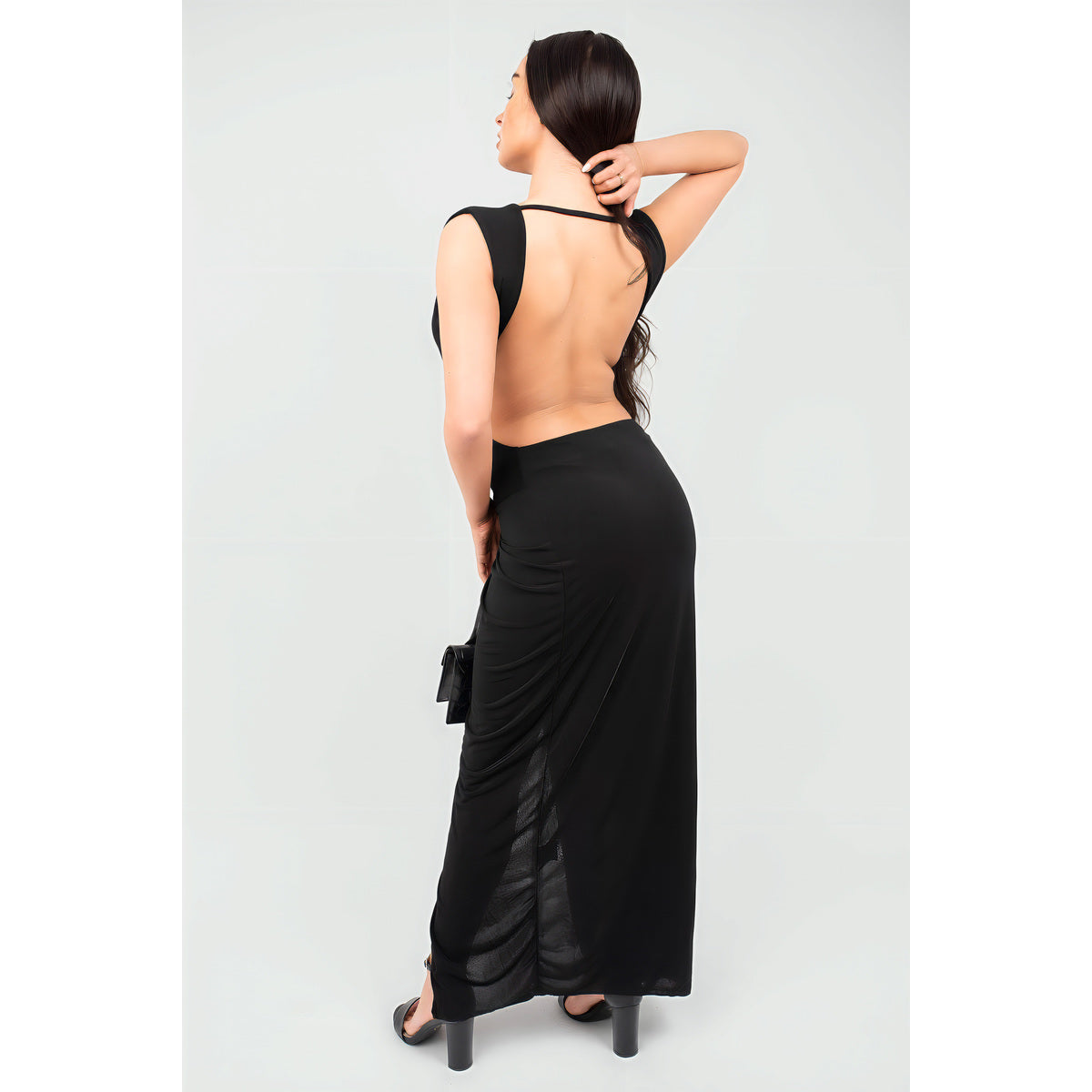 Ruched Backless V Slit Women Bodycon Maxi Dress