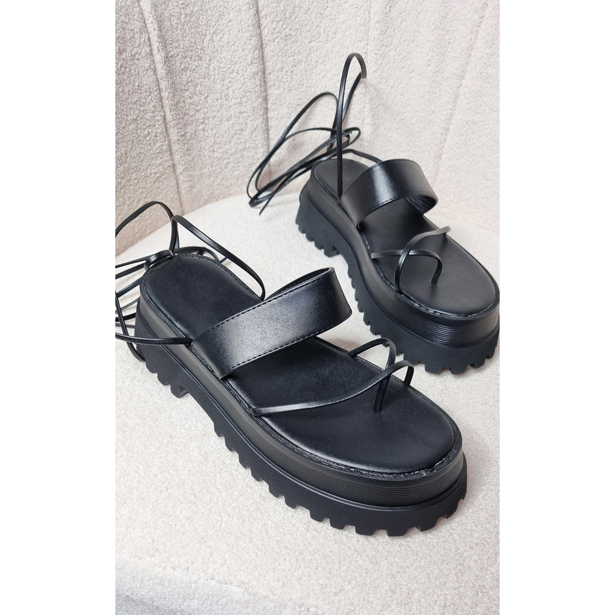 Faux Leather Strappy Lace Up Sandals