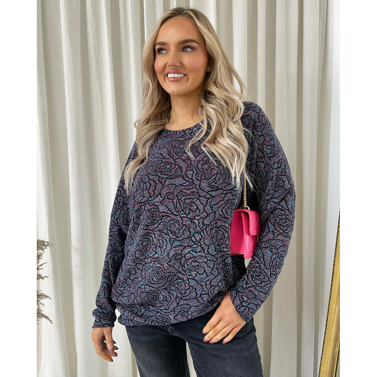 Long Sleeve Glitter Floral Pattern Top