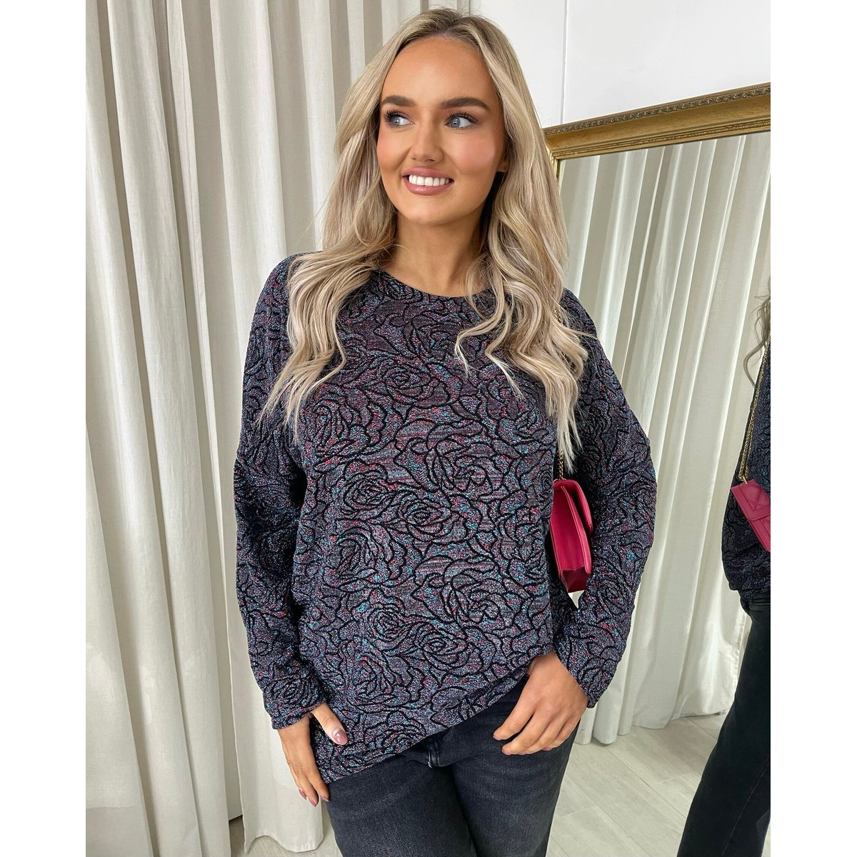 Long Sleeve Glitter Floral Pattern Top