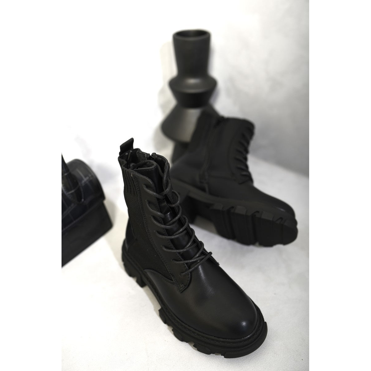 Knit Lace Up Chunky Ankle Boots