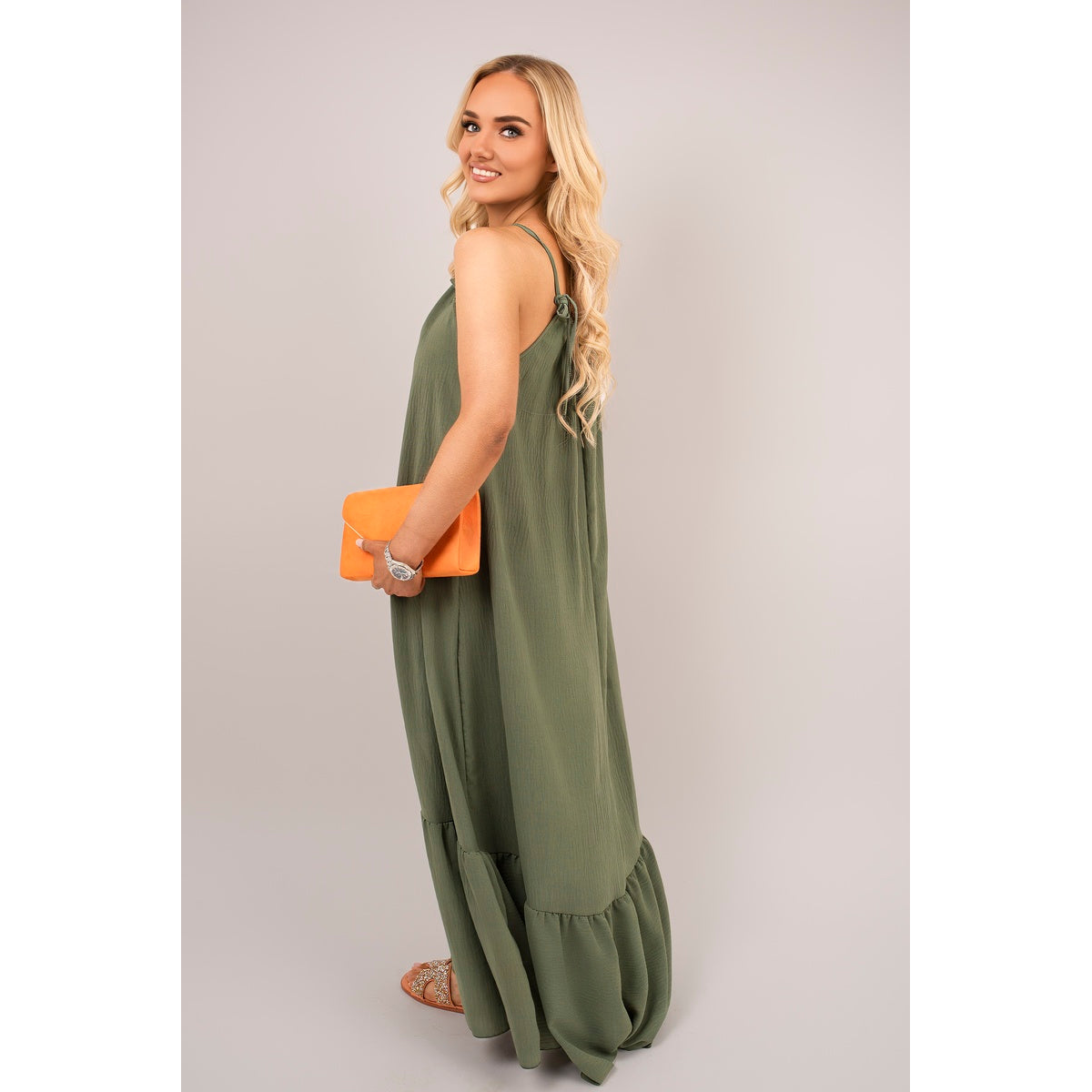 Sleeveless Beaded Halter Neck Maxi Dress with Tiered Hem