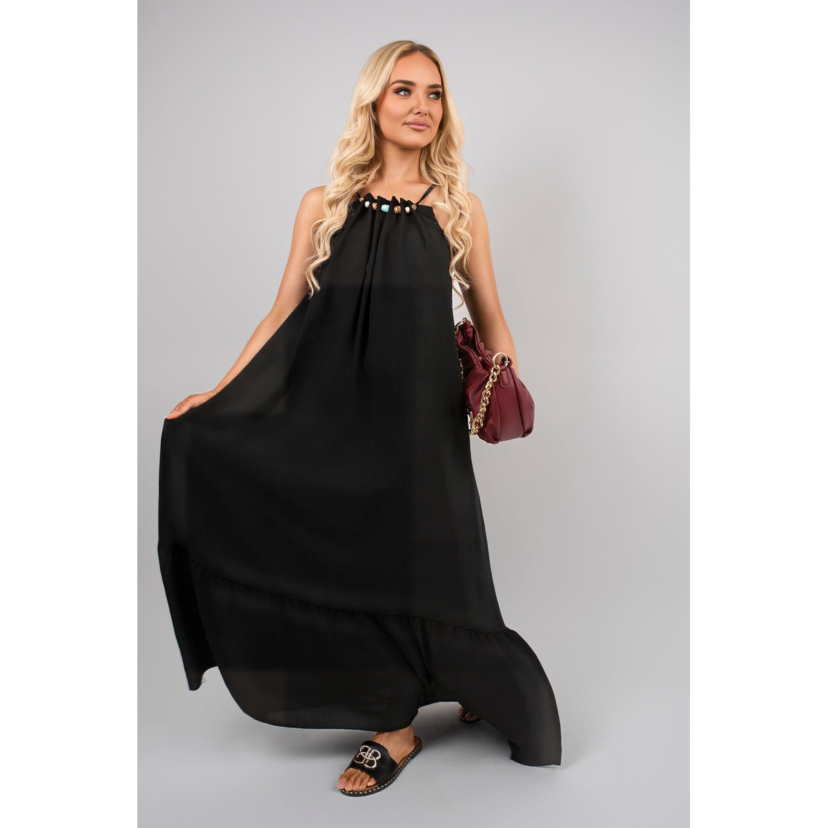 Sleeveless Beaded Halter Neck Maxi Dress with Tiered Hem