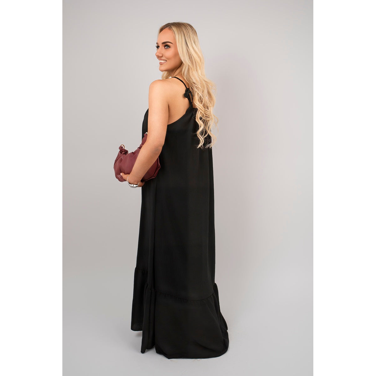 Sleeveless Beaded Halter Neck Maxi Dress with Tiered Hem