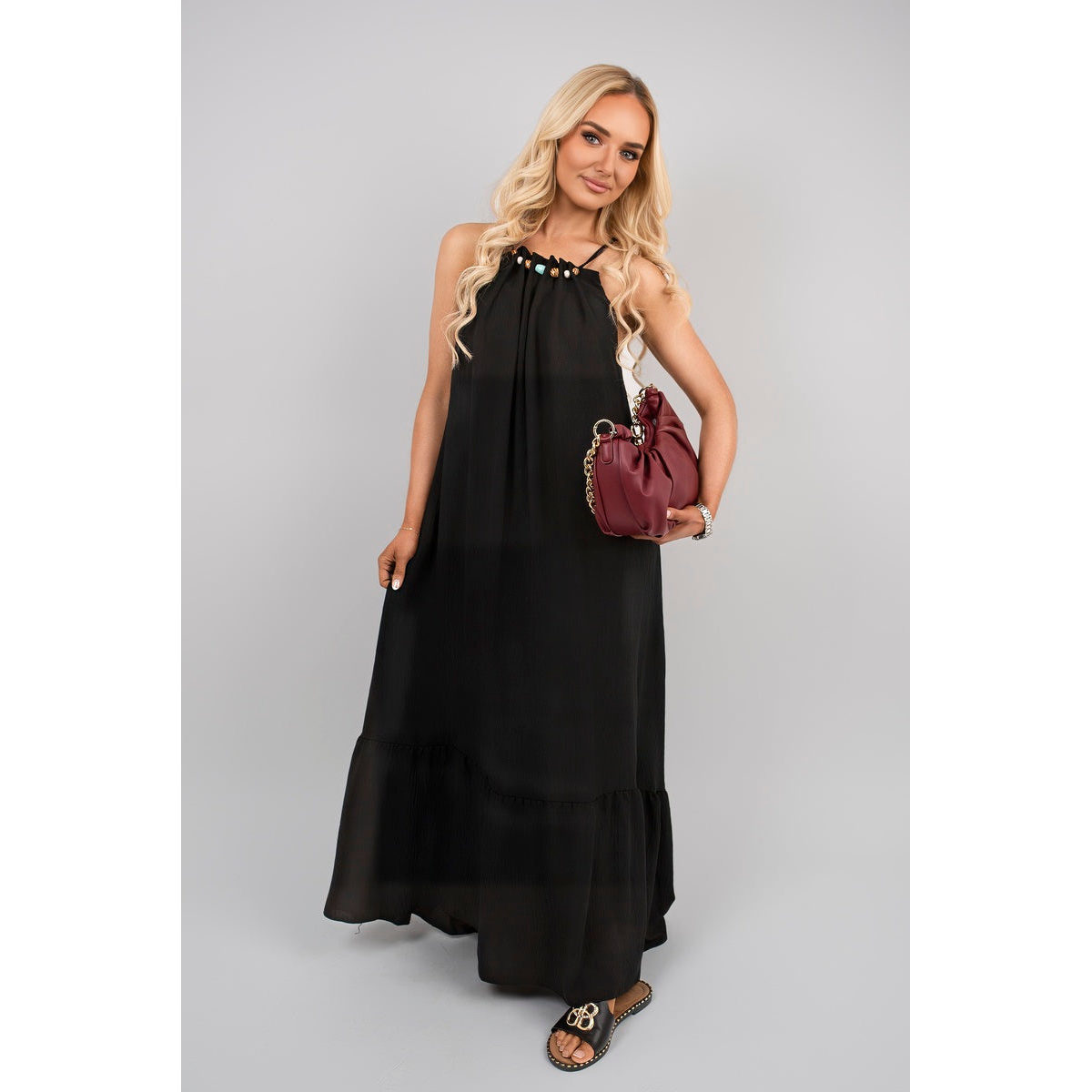 Sleeveless Beaded Halter Neck Maxi Dress with Tiered Hem