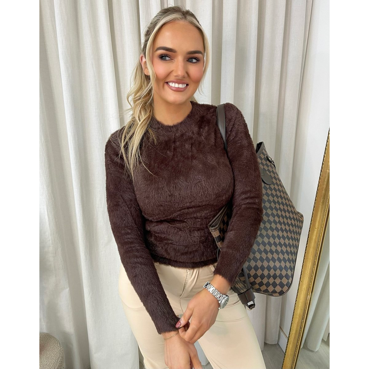 Fitted Long Sleeve Fluffy Knitted Top