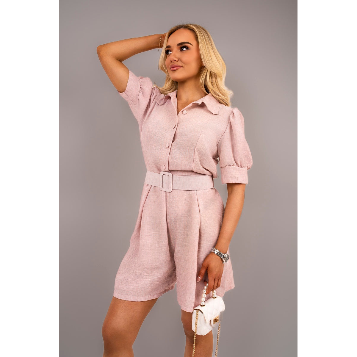 Collared Short Sleeve Playsuit with Belted Waist