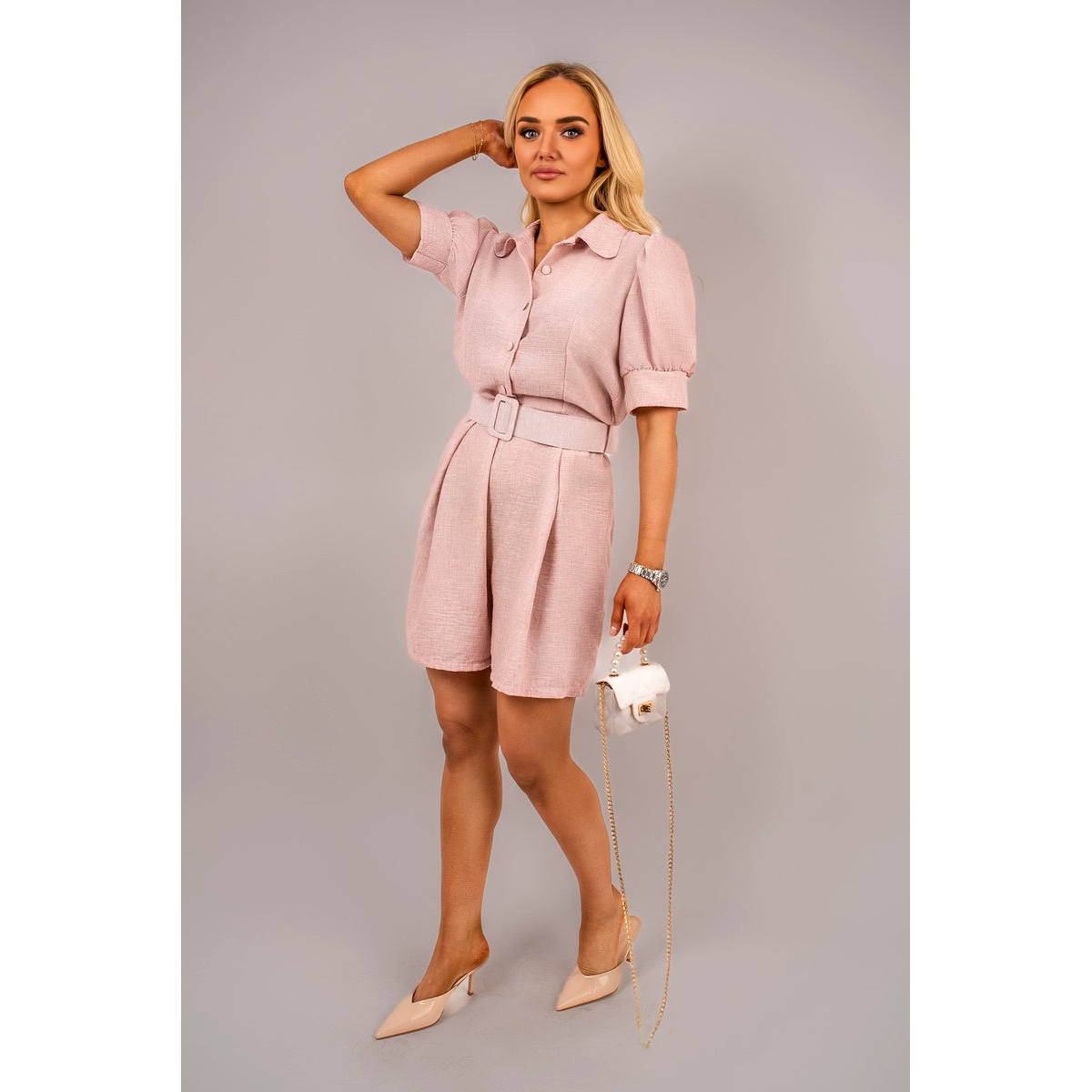 Collared Short Sleeve Playsuit with Belted Waist