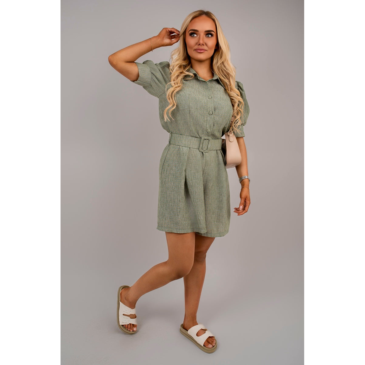 Collared Short Sleeve Playsuit with Belted Waist