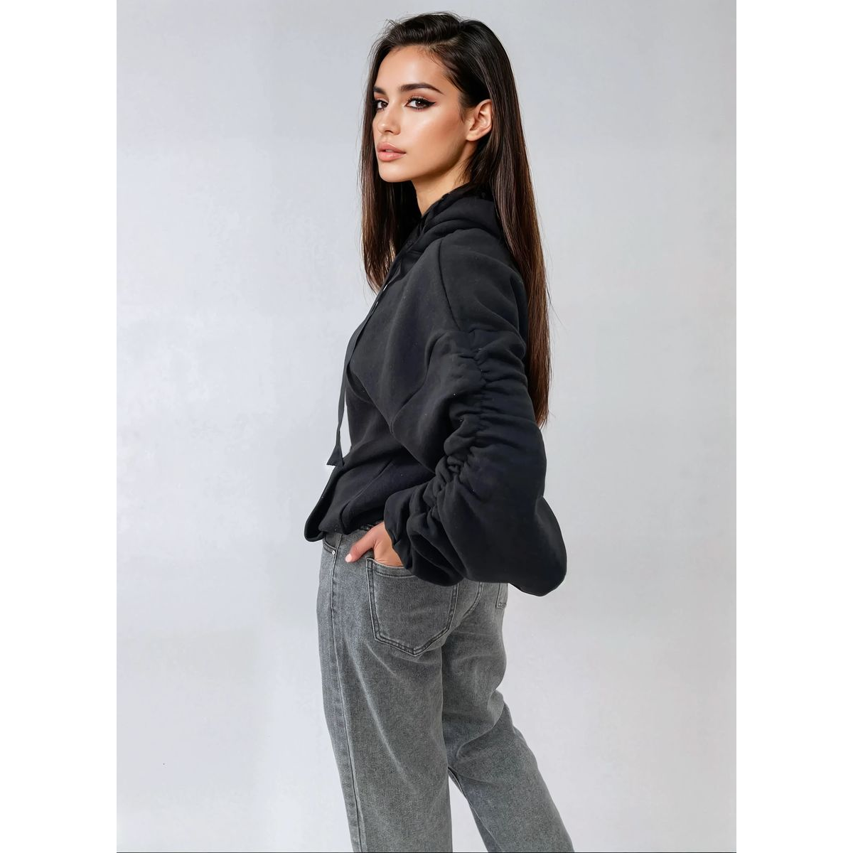 Ruched Sleeve Oversized Hoodie with Front Pouch Pocket