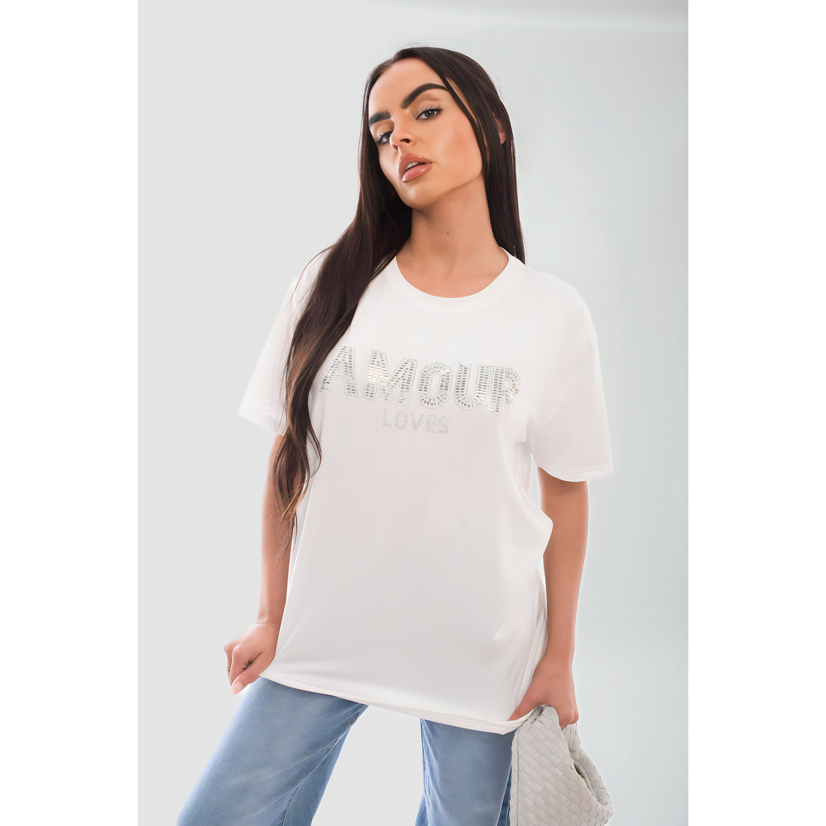 Amour Embellished Print Round Neck Top