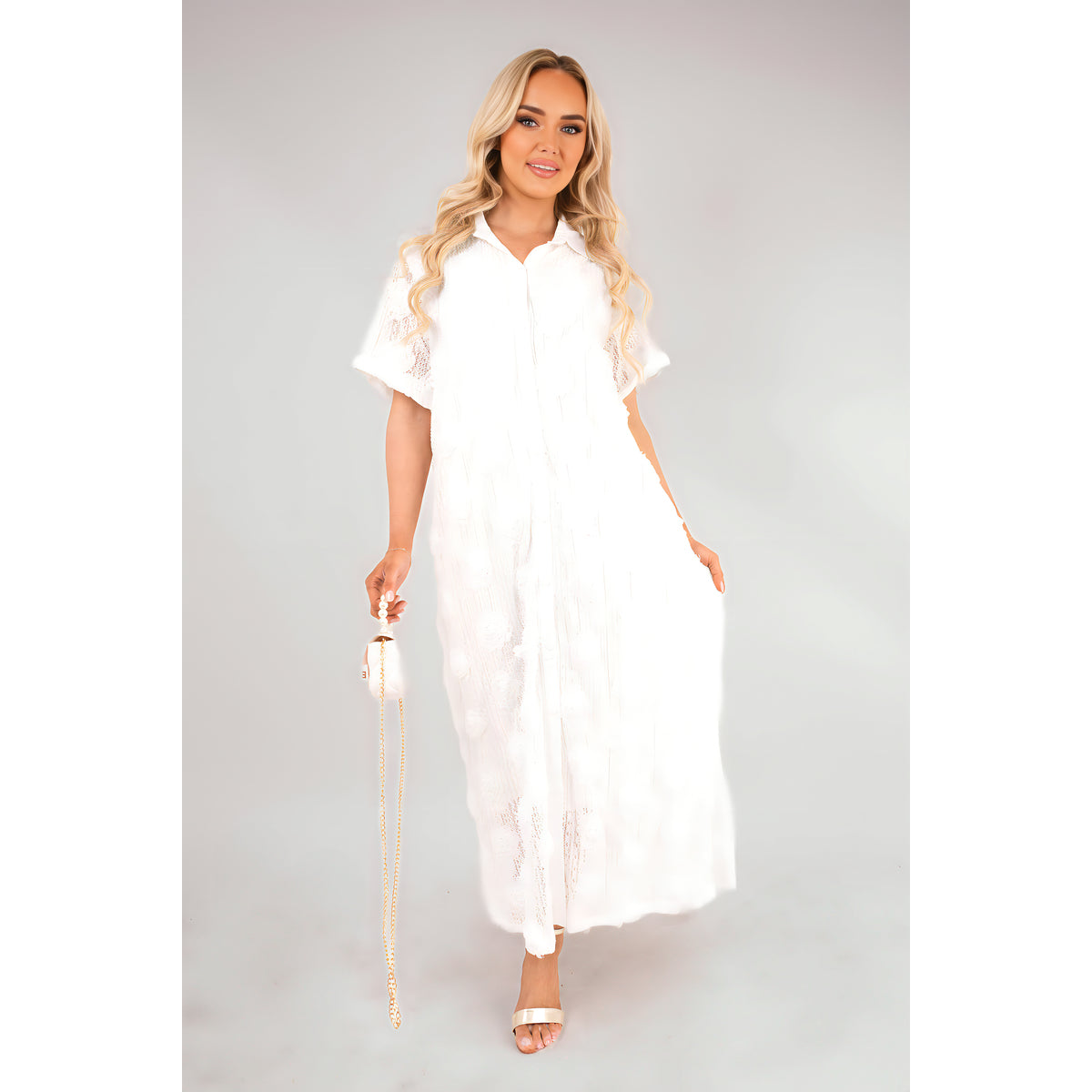 Collared Short Sleeve Sheer Maxi Shirt Dress with Textured Detail