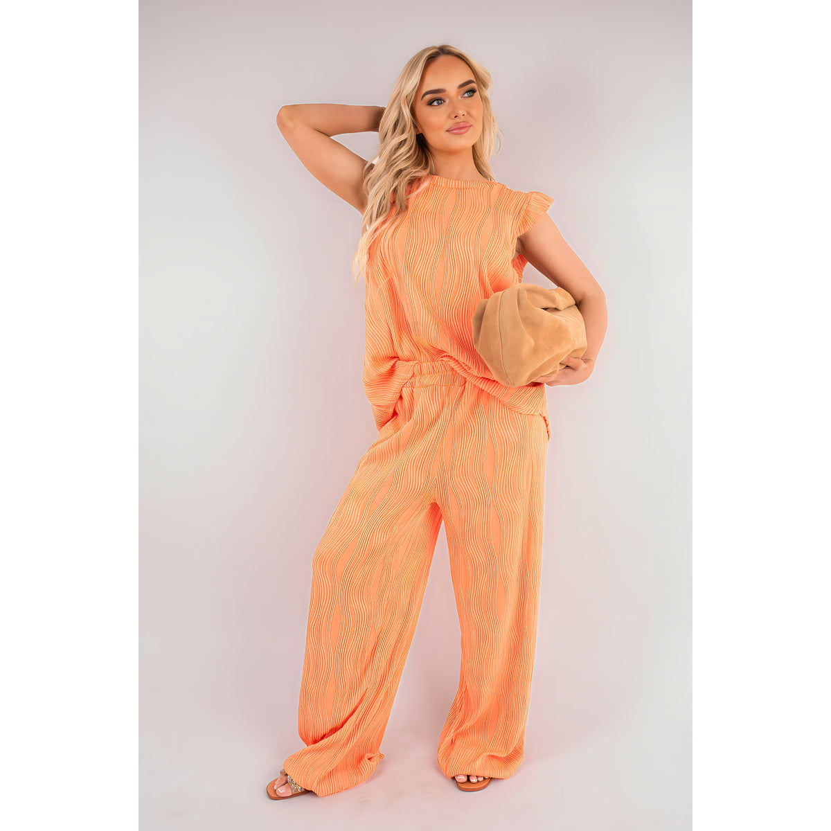 Textured Frill Sleeve Top & Wide Leg Trouser Co-ord Set