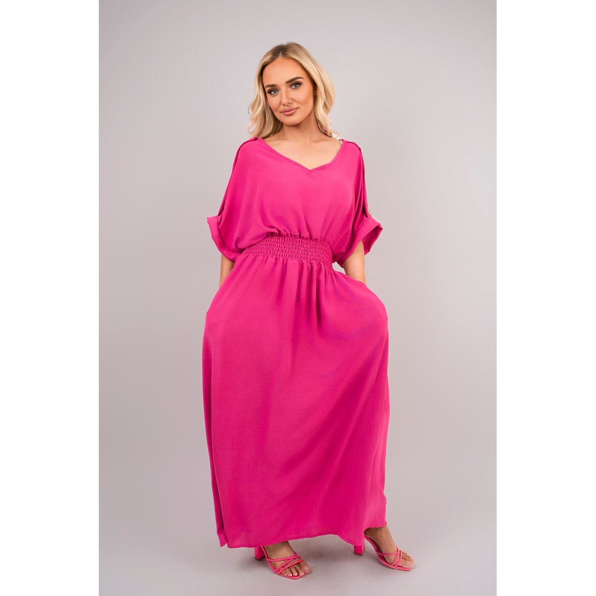 V Neck Short Sleeve Maxi Dress with Button Detail