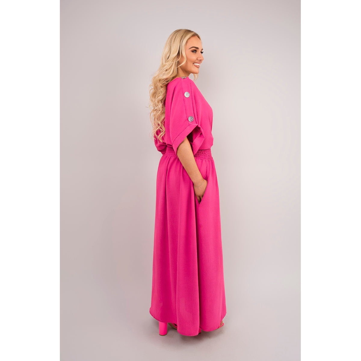 V Neck Short Sleeve Maxi Dress with Button Detail