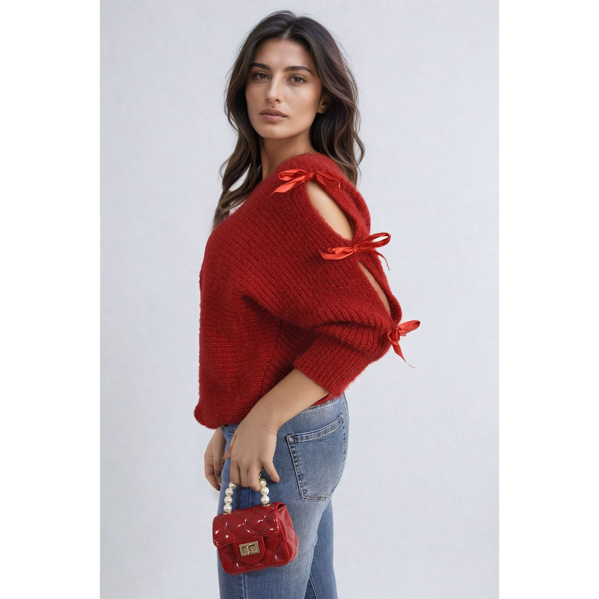 Cut Out Tie Bow Sleeve Detail Chunky Knitted Top