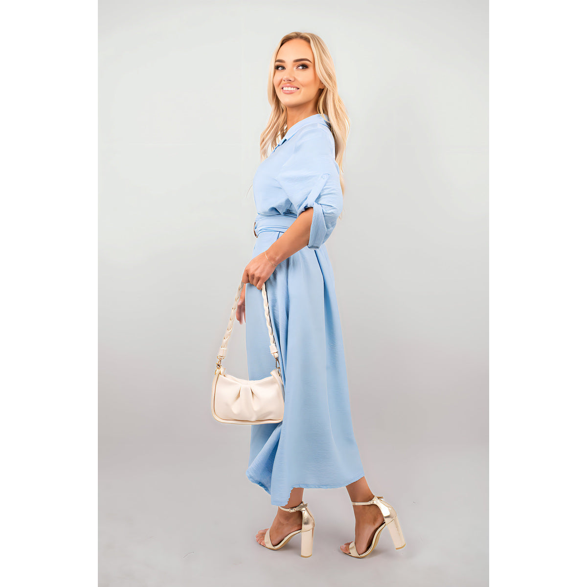 Belted Button Down Roll Tab Sleeve Midi Dress
