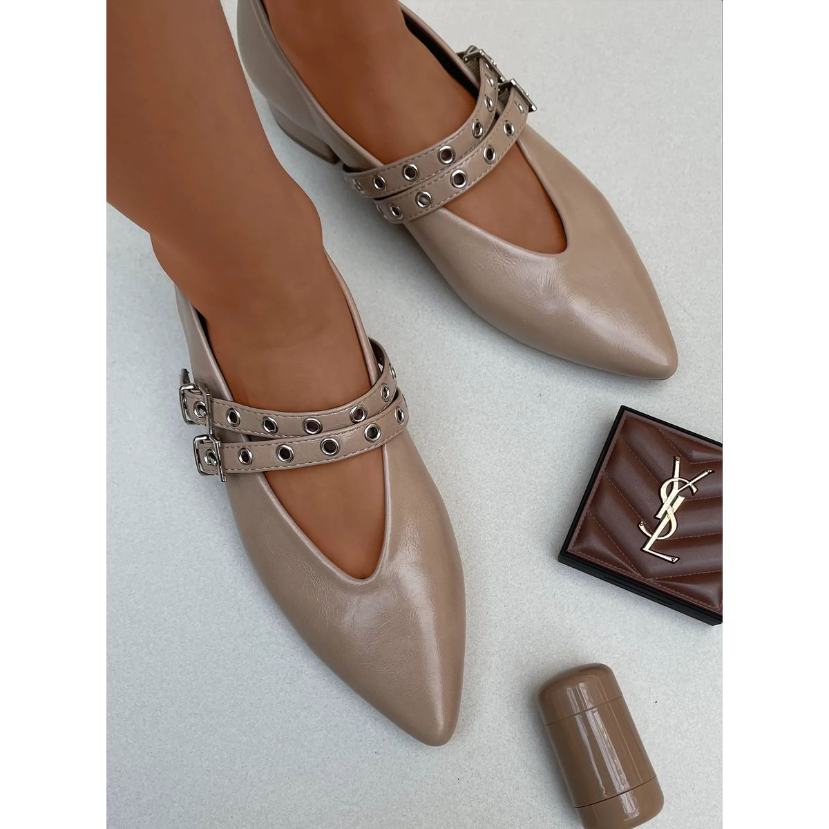 Low Heel Double Buckle Eyelet Strap Pointed Flat Shoes