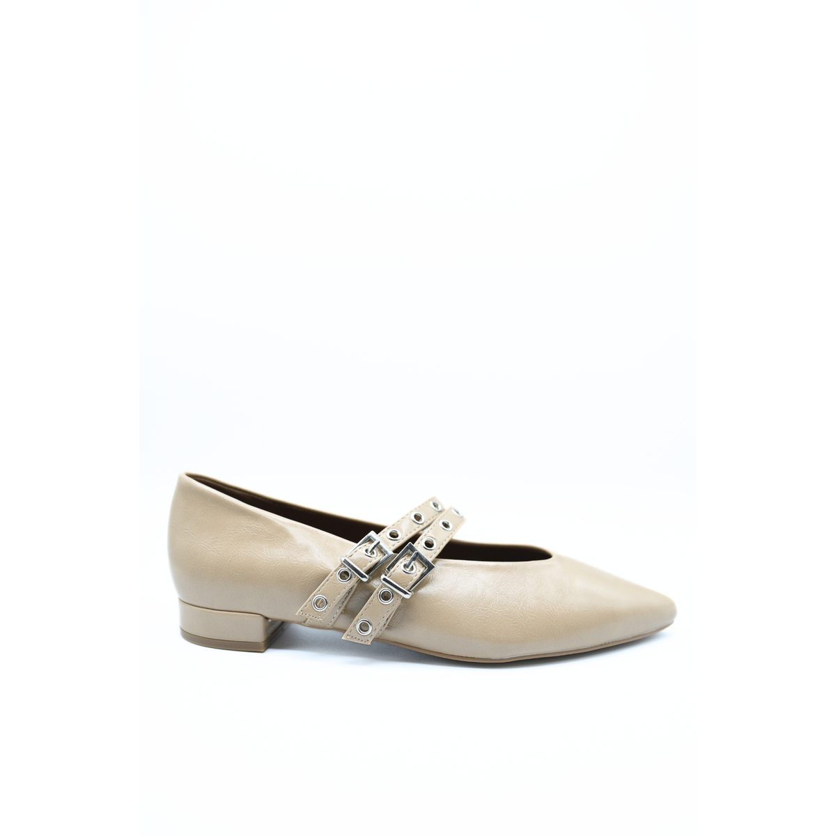 Low Heel Double Buckle Eyelet Strap Pointed Flat Shoes