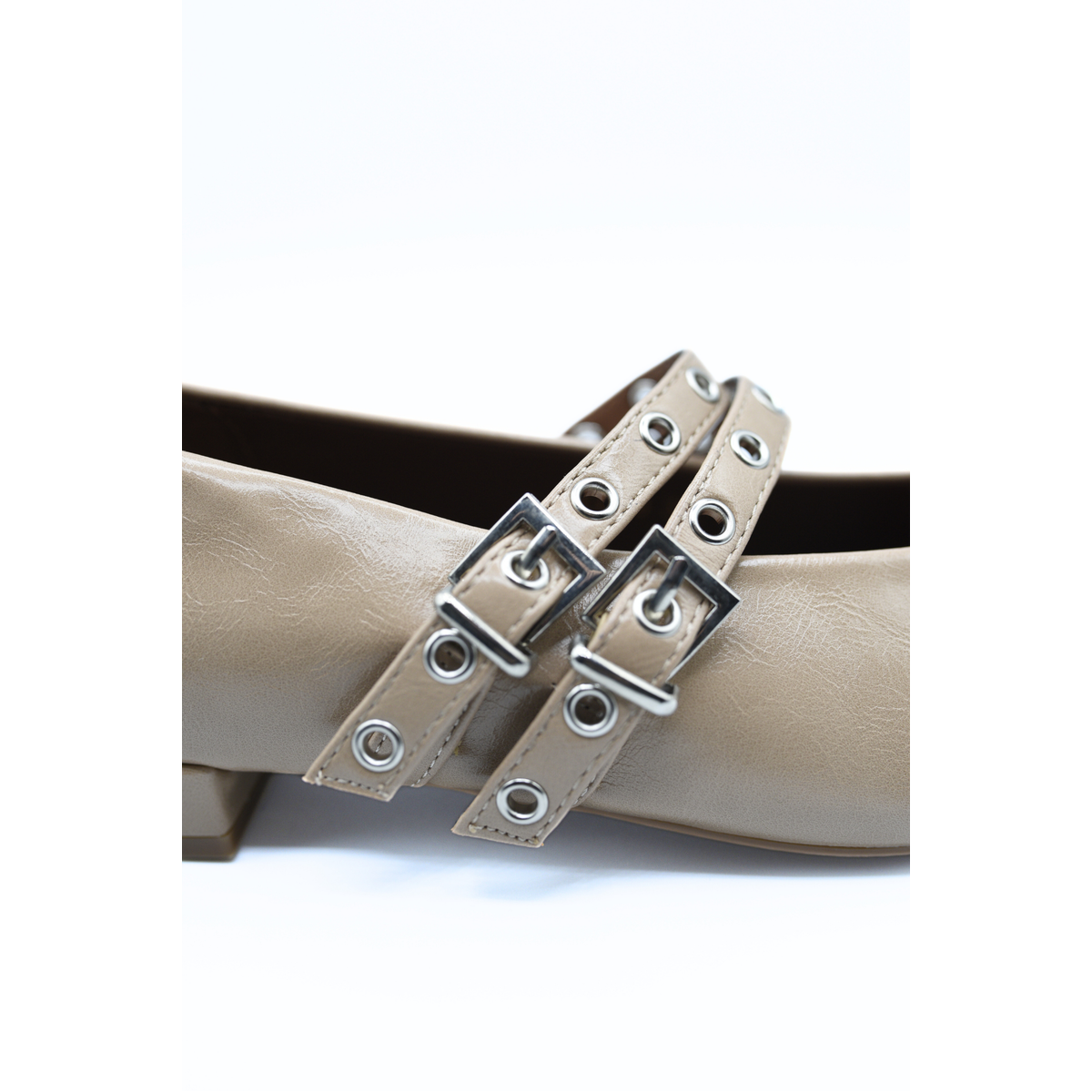Low Heel Double Buckle Eyelet Strap Pointed Flat Shoes