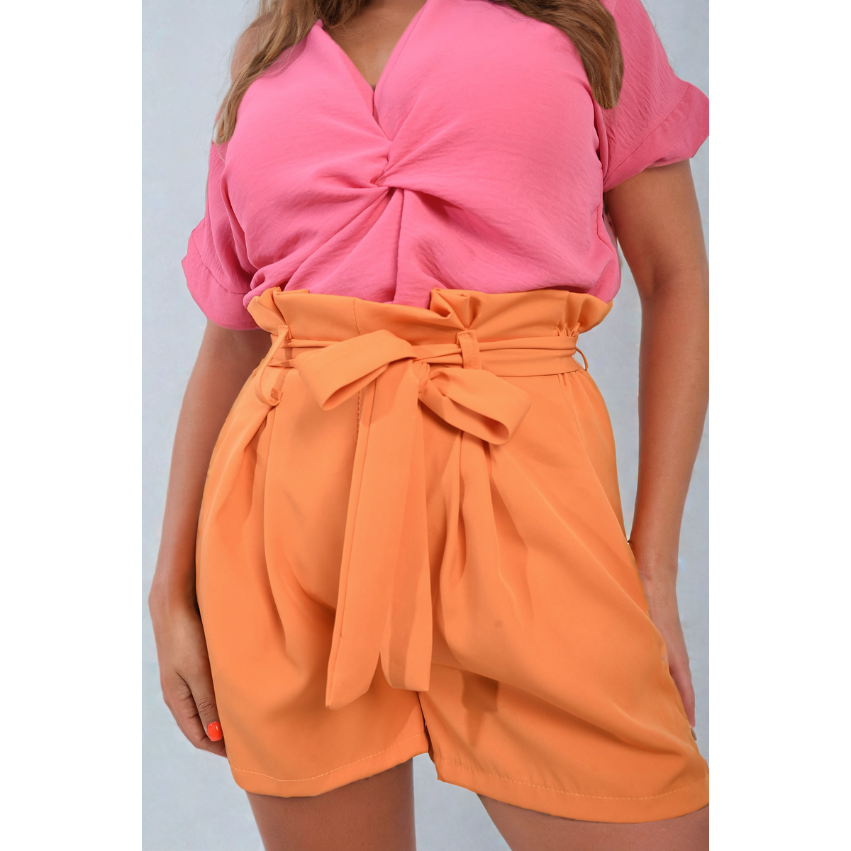 High Waist Tie Belt Paper Bag Shorts