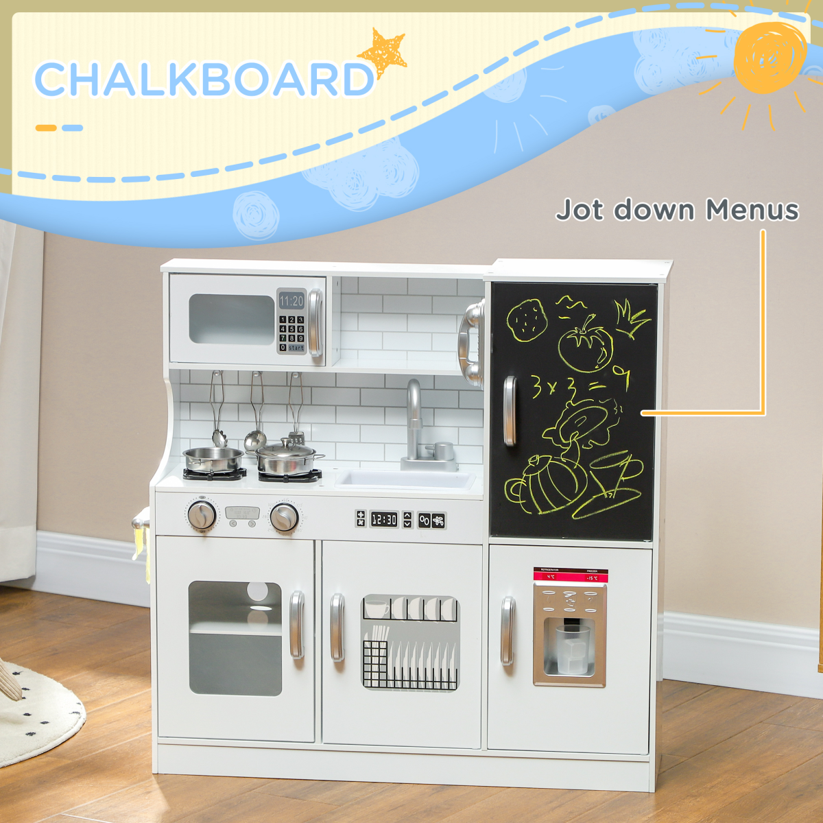 AIYAPLAY Play Kitchen, Pretend Toy Kitchen with Toy Phone, Chalkboard