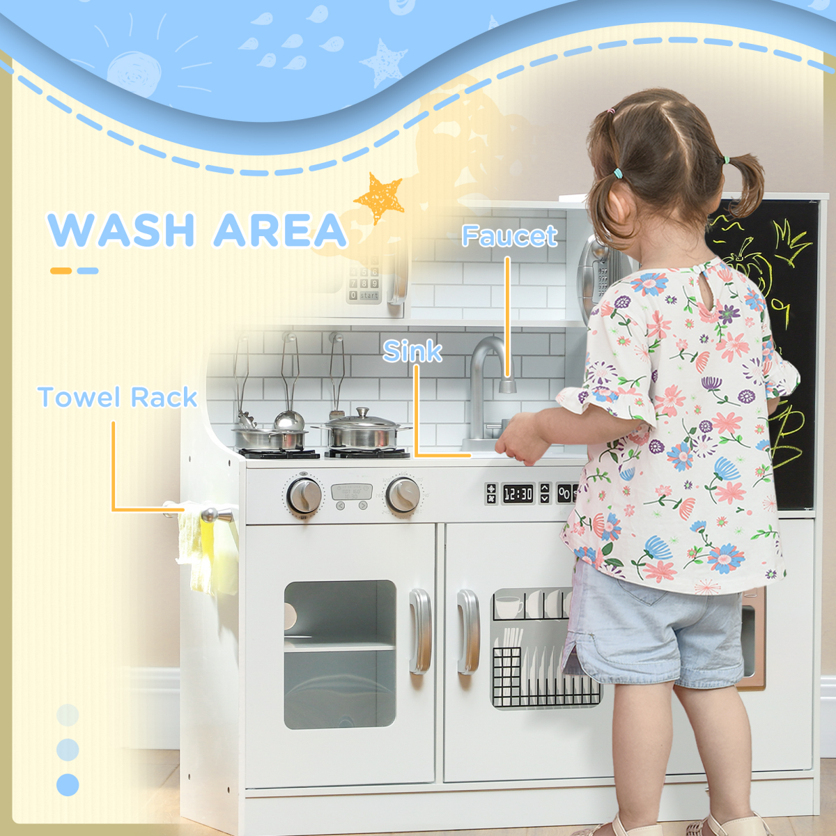 AIYAPLAY Play Kitchen, Pretend Toy Kitchen with Toy Phone, Chalkboard