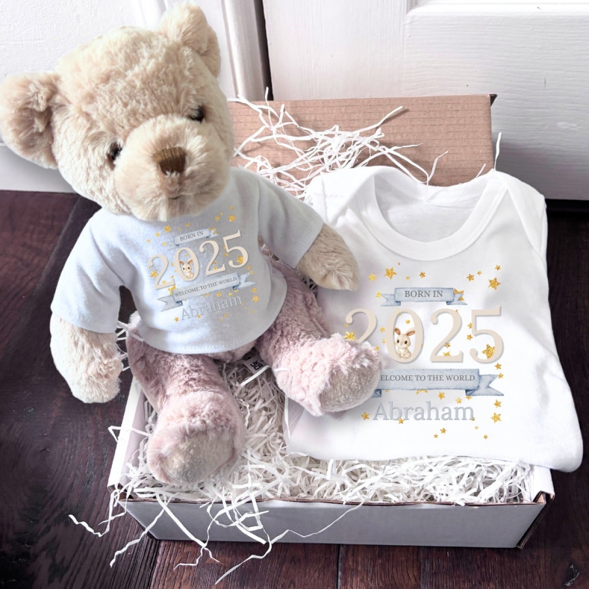 Personalised Welcome to the World 2025 Gift Hamper - Teddy & Baby Vest