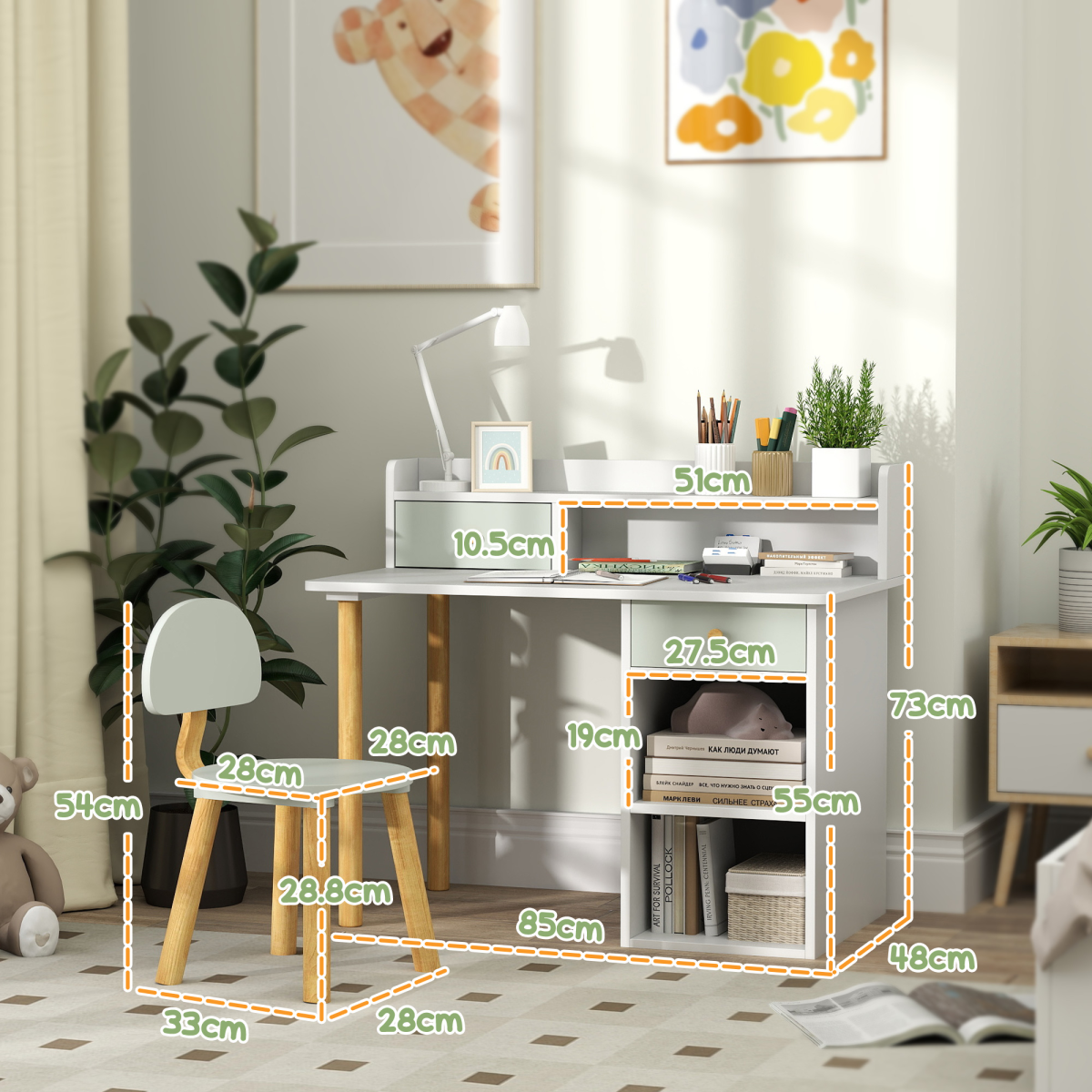 AIYAPLAY Kids Desk and Chair Set for Studying, Reading, Drawing, Green