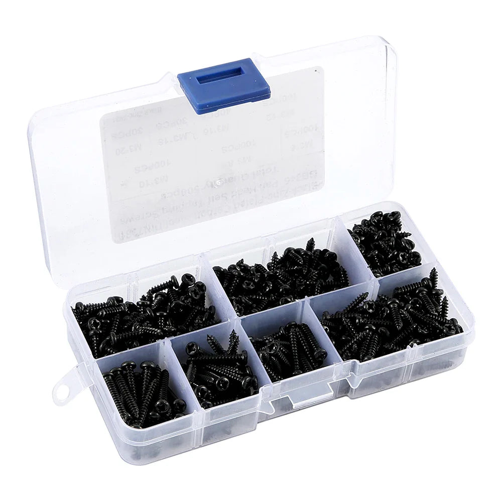 500/1000Pcs M3 Screws Sets Self Tapping Screws Pan Head Cross Drilling Wood Screw Assortment Kit M3/M4/M3.5/M4.8 Carbon Steel