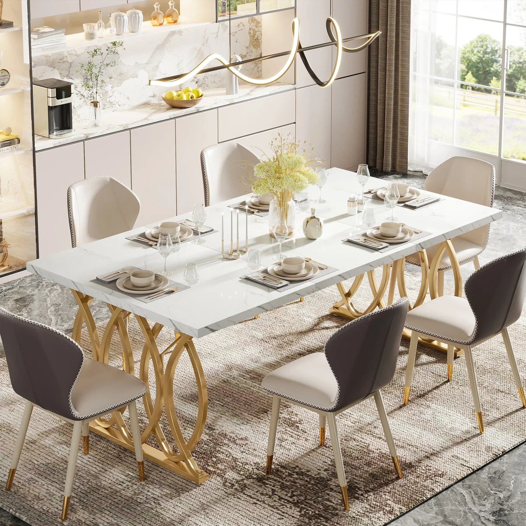 Tribesigns 63-Inch Rectangular Dining Table for 4 to 6, Modern Kitchen Table with Faux Marble Table Top, White Dinner Tables
