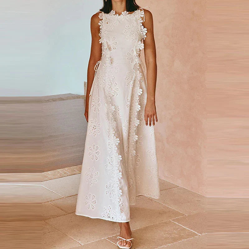 New Solid Color Lace Embroidery Evening Dress Trendy Sleeveless Women White Dress Elegant Hollow Out Floral Bandage Party Dress