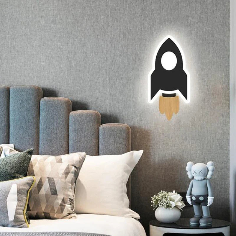 Cartoon LED Rocket & Moon Wall Lamp – Kids Night Light Bedroom Decor