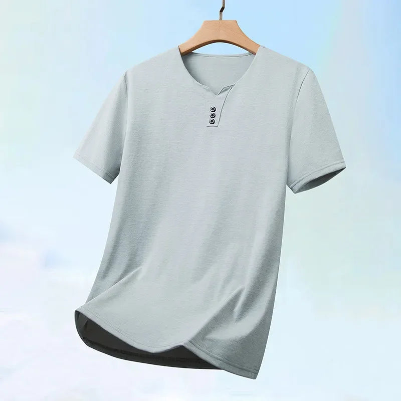 Men’s Three-Button V-Neck T-Shirt – Business Casual Summer Short Sleeve Top (S–4XL)
