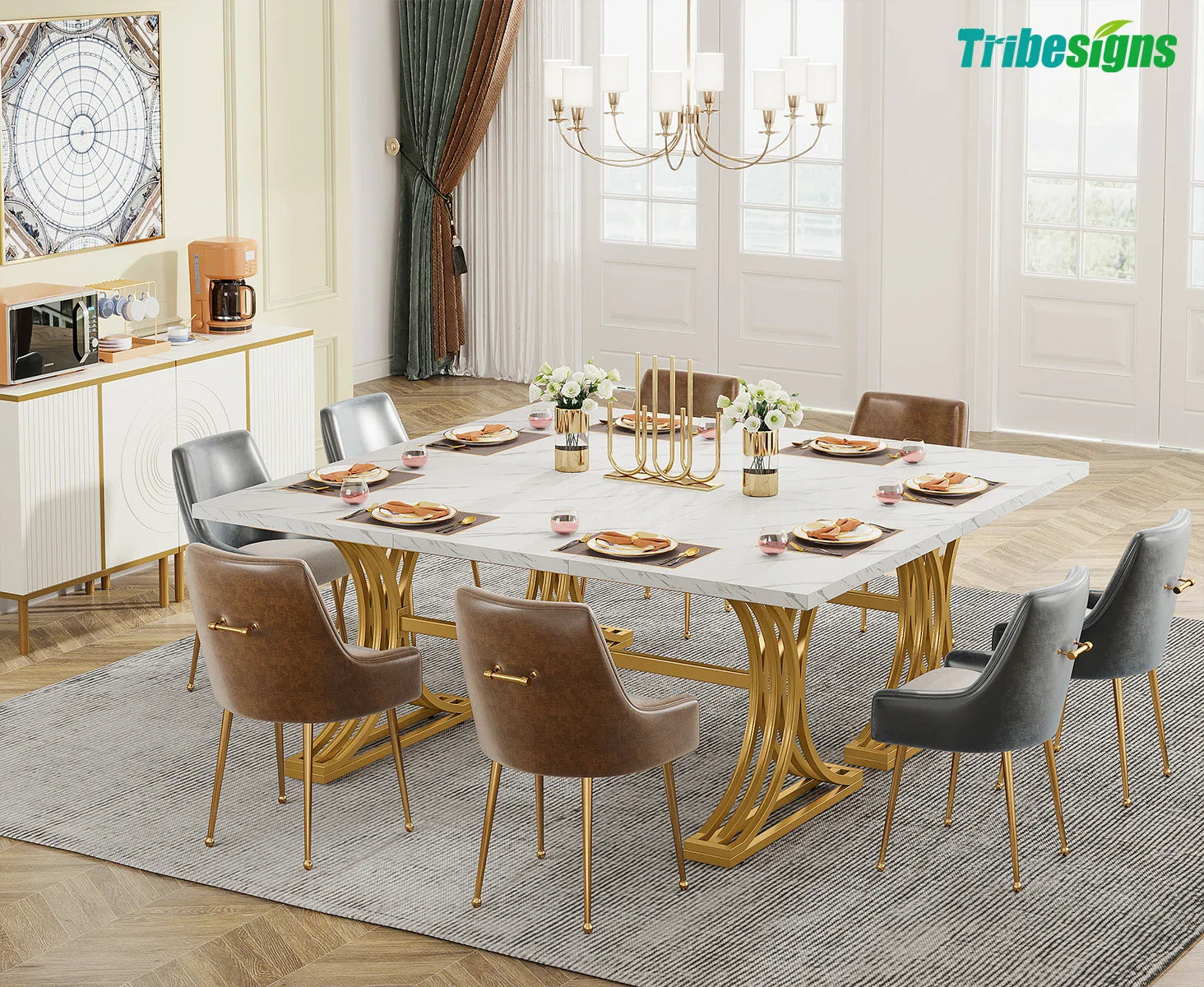 Tribesigns 63-Inch Rectangular Dining Table for 4 to 6, Modern Kitchen Table with Faux Marble Table Top, White Dinner Tables