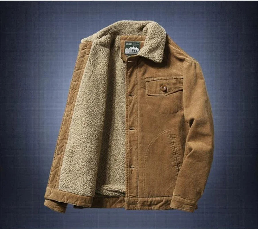Men’s Corduroy Fleece-Lined Winter Jacket – Warm Casual Coat, Retro Korean Style in Grey, Green, Coffee & Tan